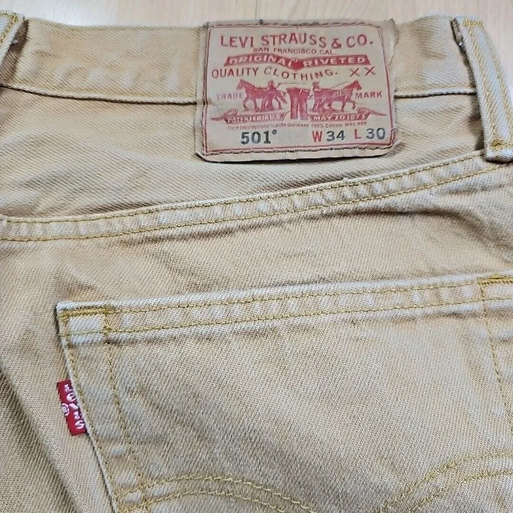 Vintage Levis 501 Jeans Mens 34x30 Tan Denim Button Fly Straight Brown Pants‎